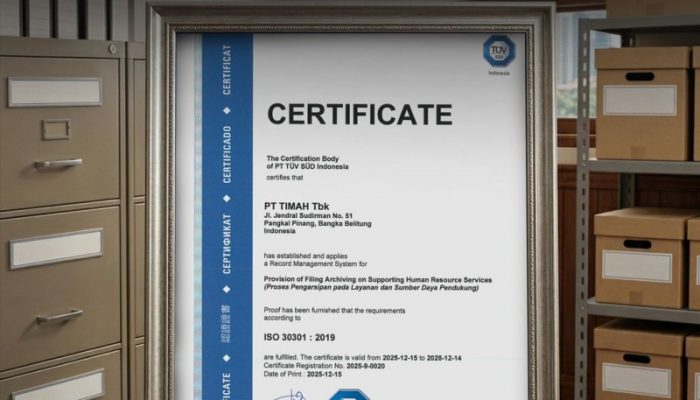 Tata Kelola Arsip, PT TIMAH Raih Sertifikasi ISO 30301:2019